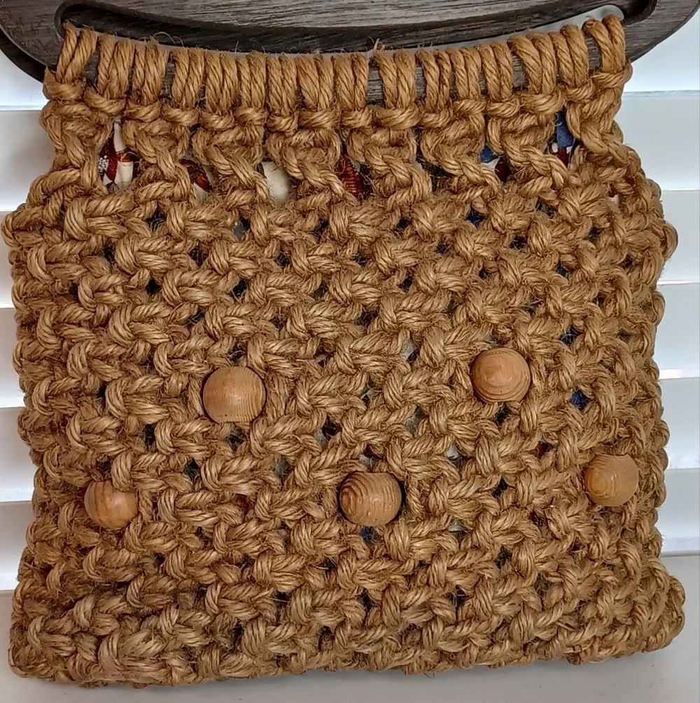 Vintage Boho Macrame Beaded Natural Wood Handbag